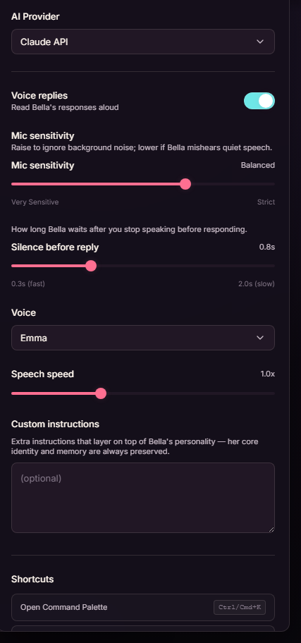 Bella's settings panel: AI provider selector set to Claude API, voice replies toggle, mic sensitivity, silence-before-reply timing, voice selection, speech speed, and a custom instructions box