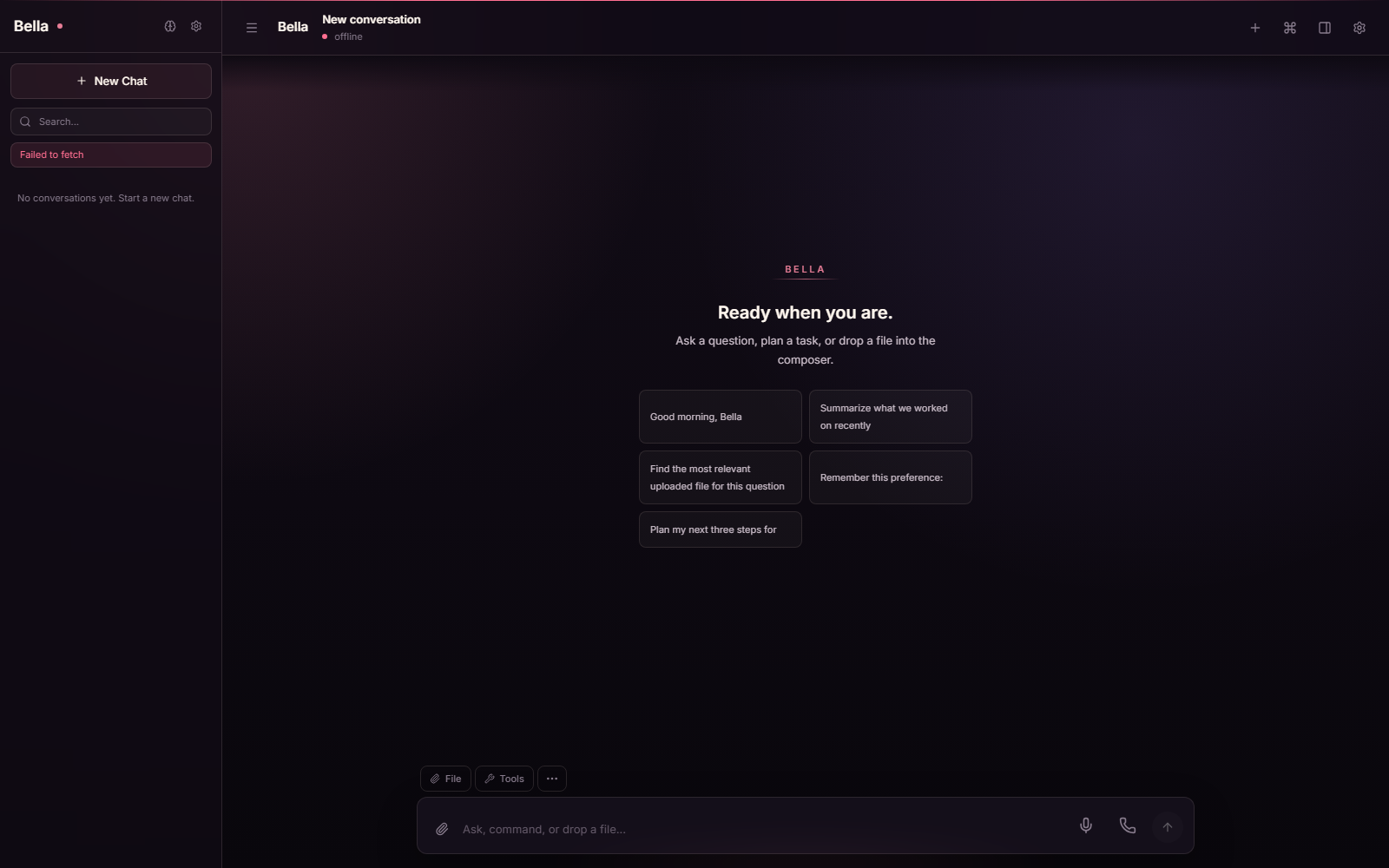 Bella's web interface: a conversation sidebar, an empty-state prompt reading Ready when you are, suggestion chips, and a composer with file, tools, and voice controls