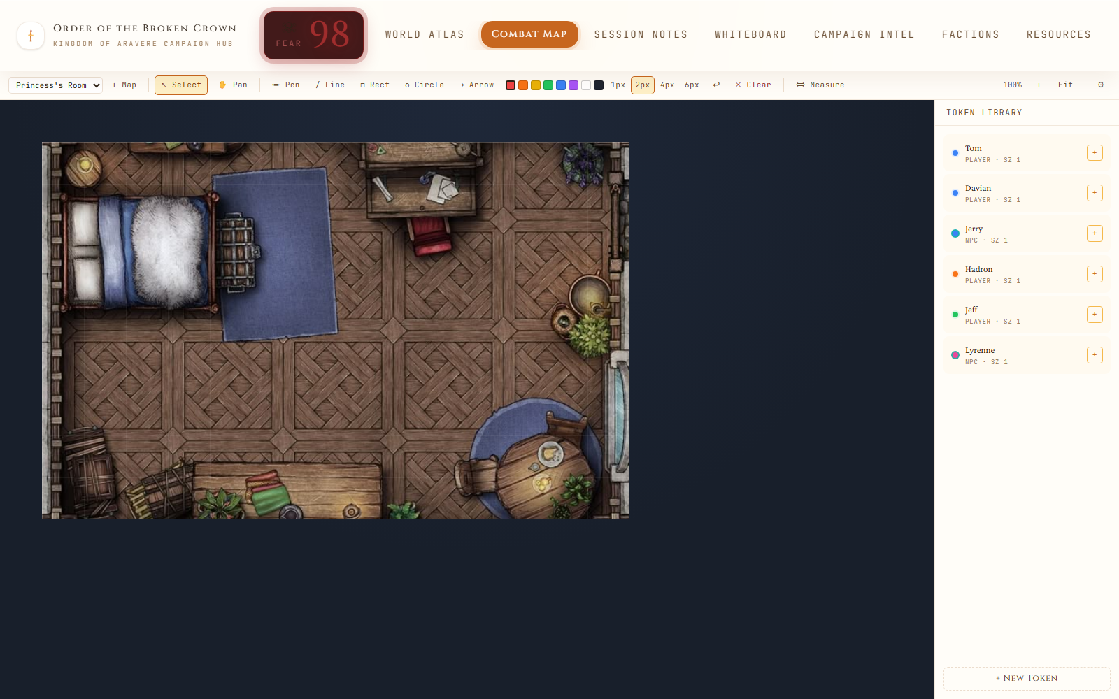 The Combat Map: a top-down battle grid with a full drawing toolbar and a token library of players and NPCs