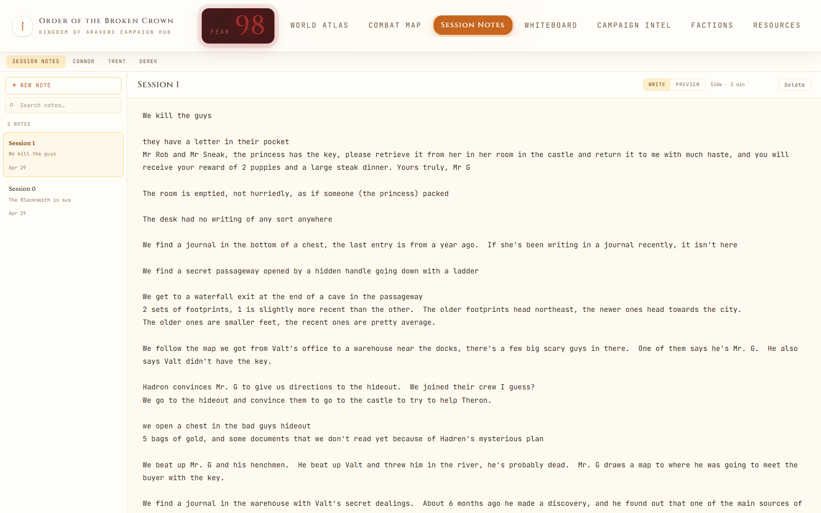 Session Notes: a note editor with real session recaps, a notes list, and separate player journal tabs
