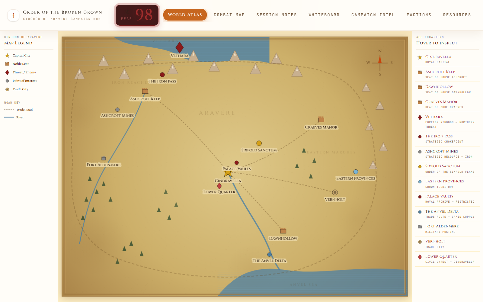 The World Atlas: a hand-styled map of the Kingdom of Aravere with a location legend, labeled sites, and an inspector sidebar